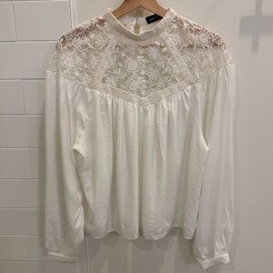 White Peasant Top with Lace Yoke High Collar Button Neck